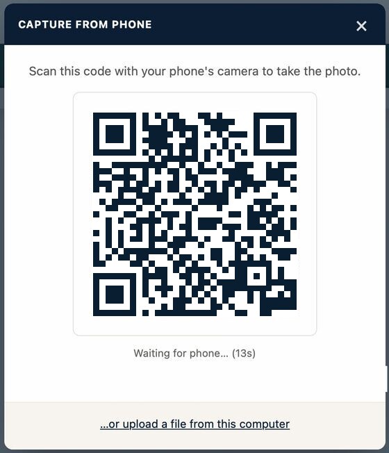 The desktop hands the capture action to the phone. Photos / Tracking numbers / Barcodes / Documents — all captured from any phone.