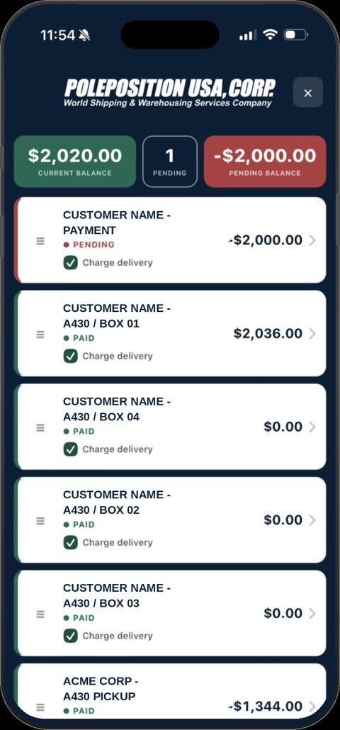 The remote app: a delivery round with balances, paid and pending status, and a delivery charge per stop